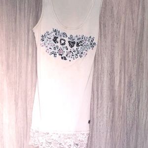 🌞 Cochni Italy Love White Tank Top Lace trim & heart emblem ribbed blue S
